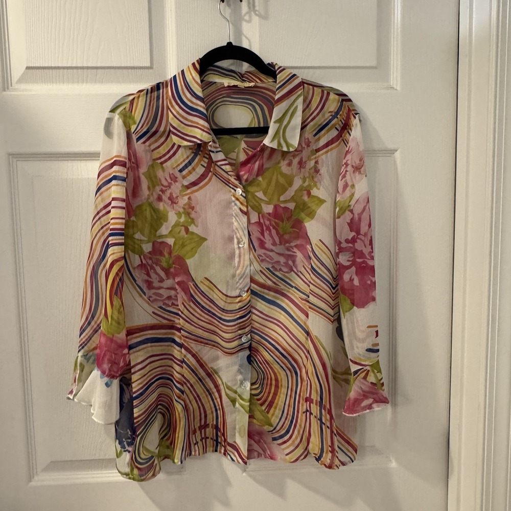 Colorful Floral Chiffon Women's Button Down Blouse Size‎ L By Cathaya